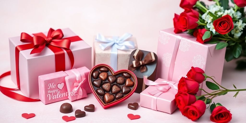 Valentine's Day gifts including chocolates and roses.