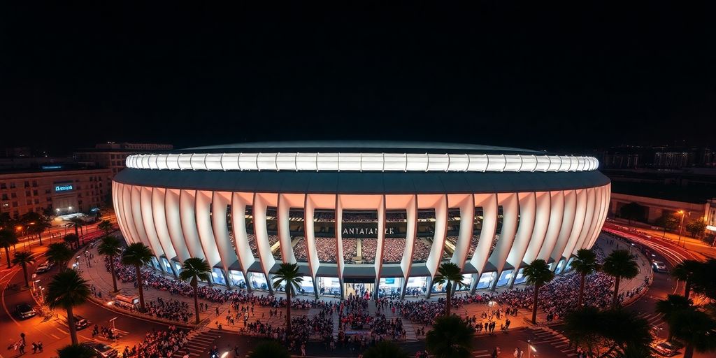 Aerial view of Santiago Bernabeu Stadium at night.