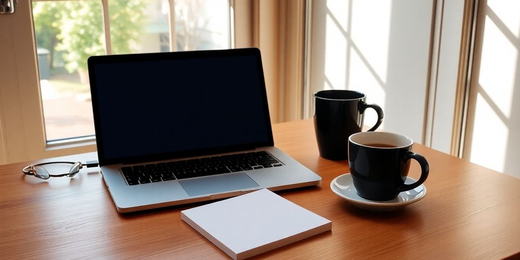 Workspace with laptop, notepad, and coffee cup.
