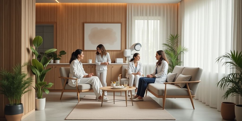 Interior de clínica de bem-estar sofisticada e elegante.