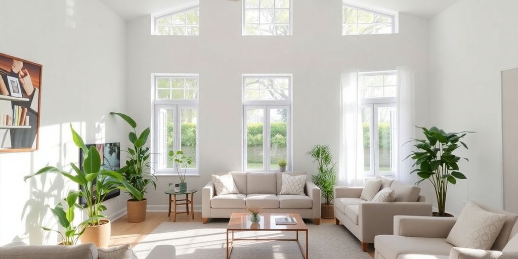 Bright living room with plants, symbolizing a mold-free home.