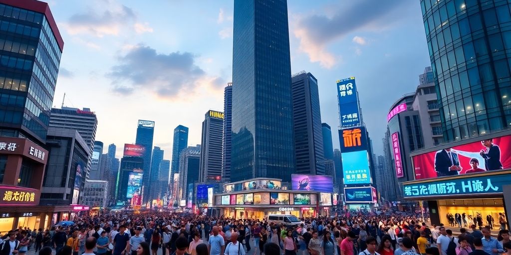 Cityscape of Shenzhen with busy streets and skyscrapers.