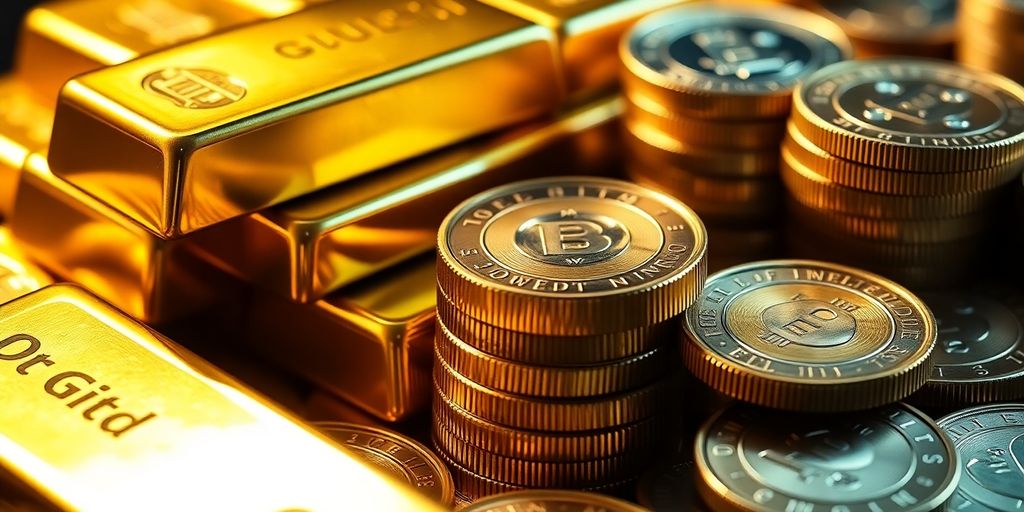 Lingots d'or et pièces d'investissement brillants.