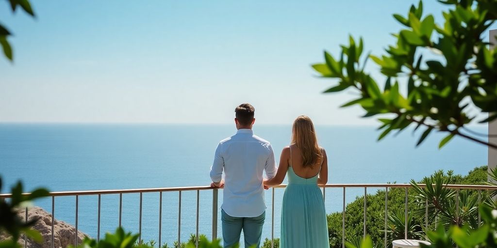 Couple embracing at a luxurious private villa overlooking the ocean.