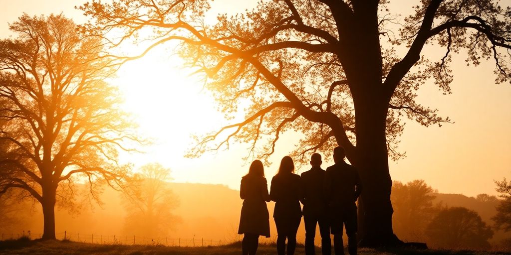Silhouettes of people in a tranquil, sunlit landscape.