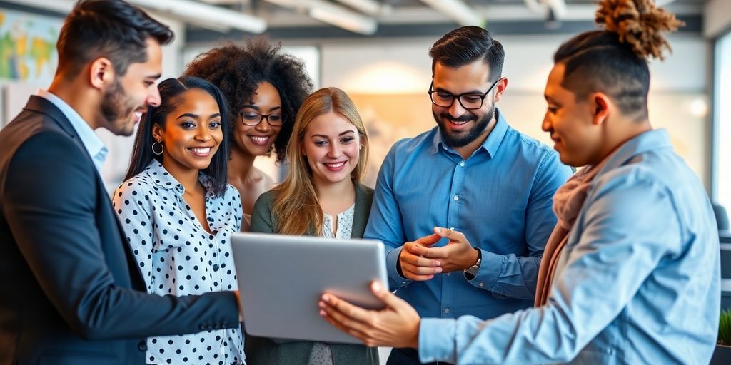 Diverse professionals collaborating on website translation services.