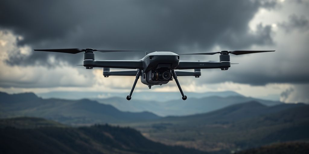 Drone militaire survolant un paysage dramatique.