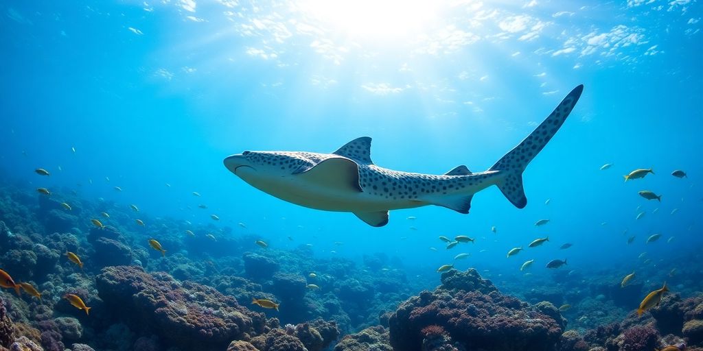 Leopard shark swimming among colorful coral reef