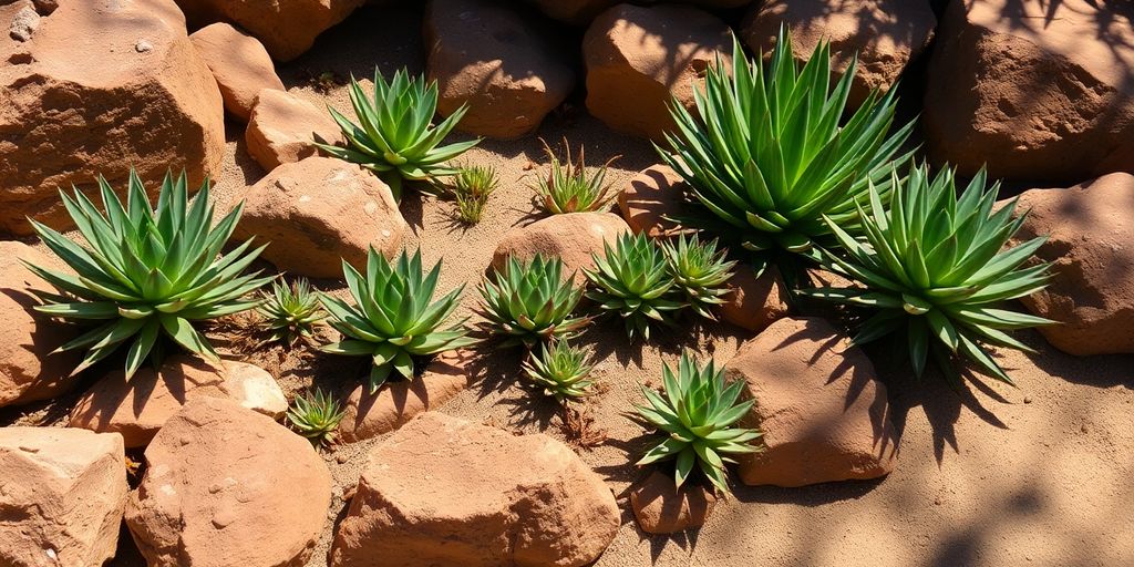 Rocalla con suculentas, paisaje árido, cactus, piedras.