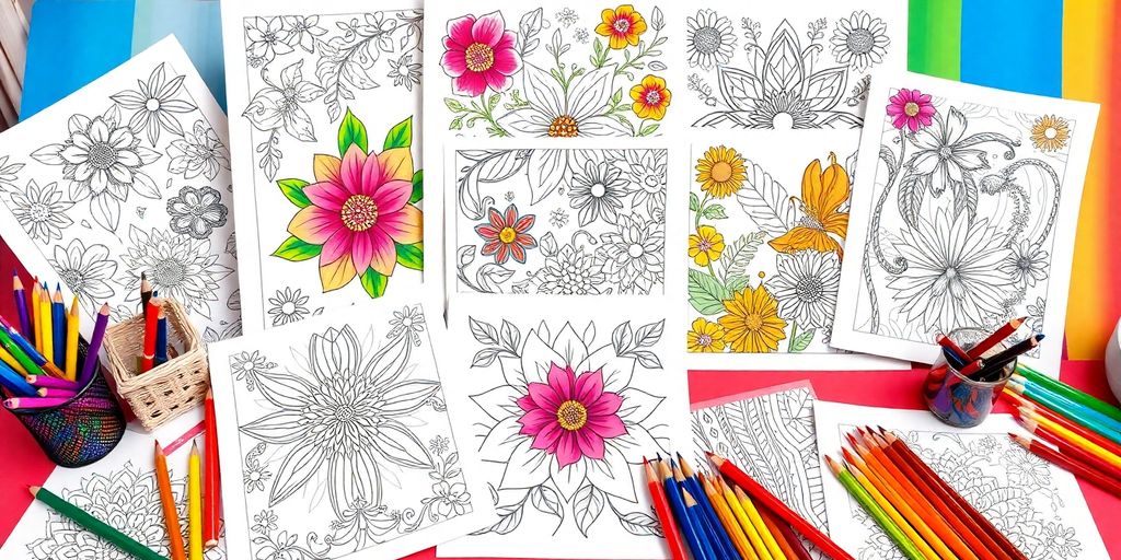 Coloring pages and art supplies on a table.
