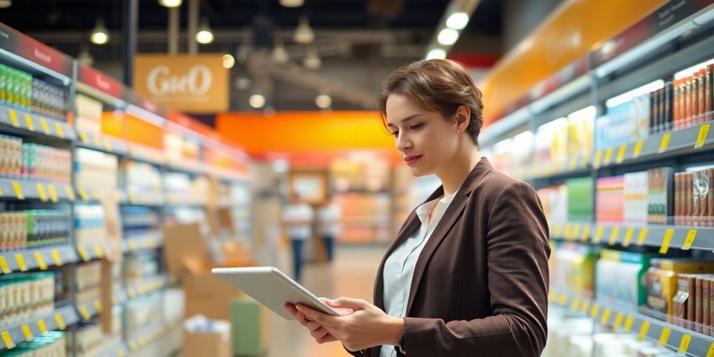 Retail manager reviewing store inventory.