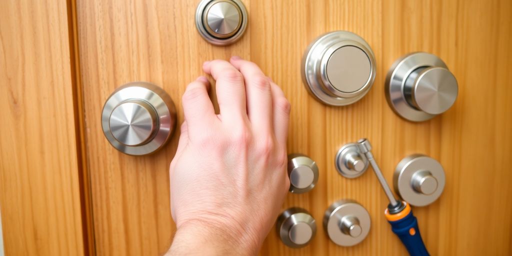 Hand changing a door knob with various types displayed.