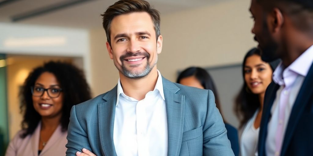 Manager in suit engaging with team in office setting.
