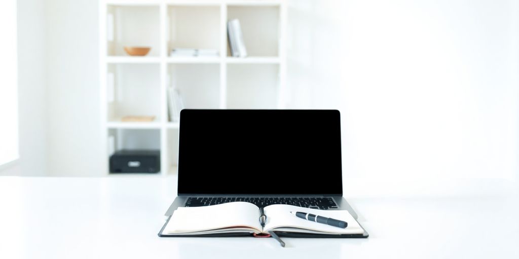 Clean desk, few items, calm.
