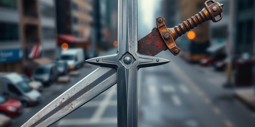 A dual-sided sword reflecting light and shadow.