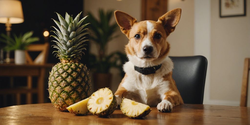 Happy dog beside sliced pineapple on table, question mark above pineapple, pondering if it's safe to eat.