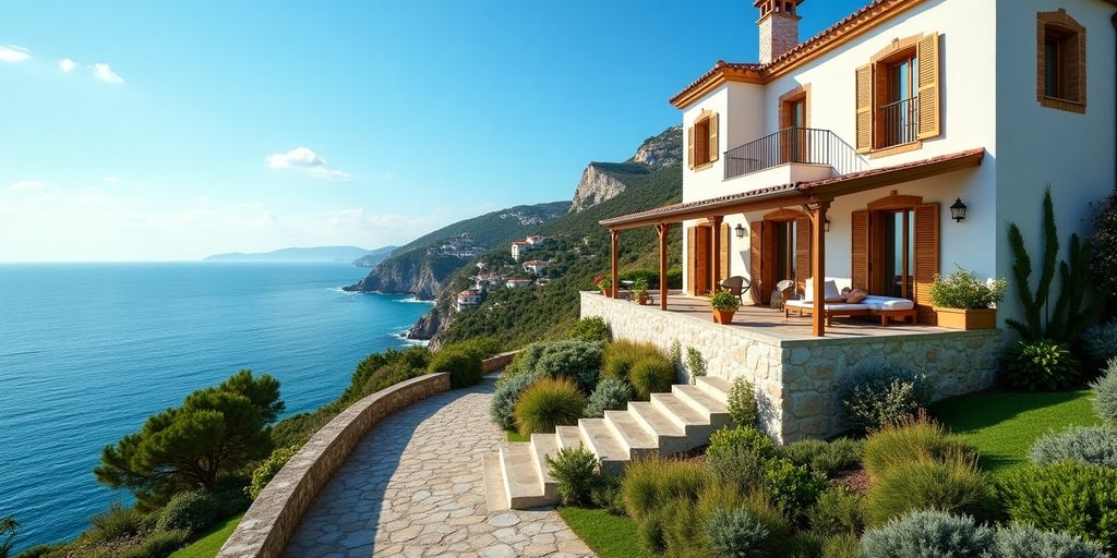 Kustfastighet i Spanien med typisk spansk arkitektur.