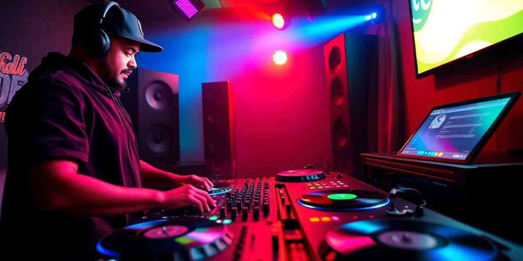 DJ mixing hip-hop beats in a vibrant music studio.