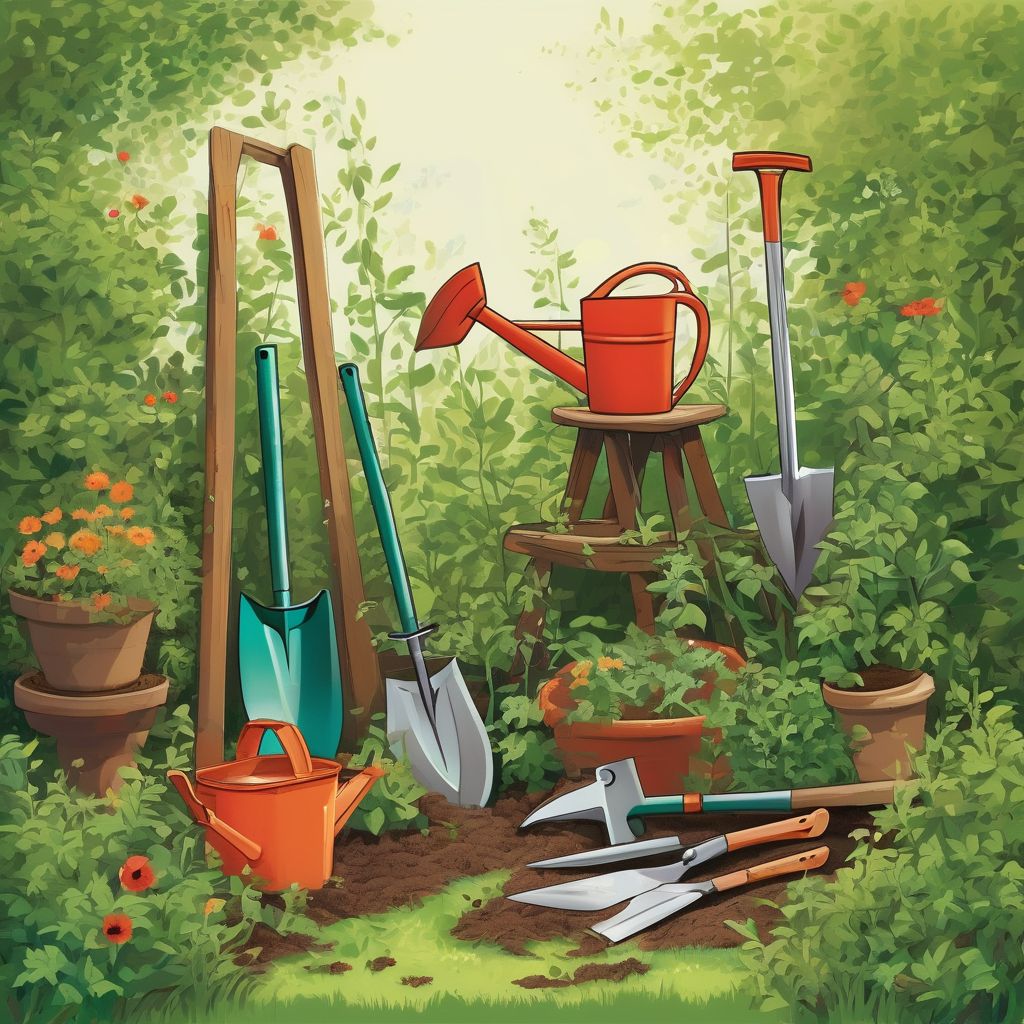 gardening tools in an overgrown garden