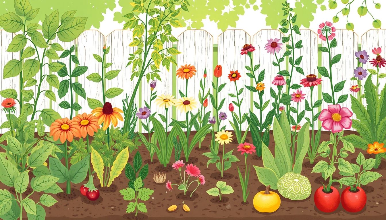 Illustrative garden with diverse plants and eco-friendly practices.