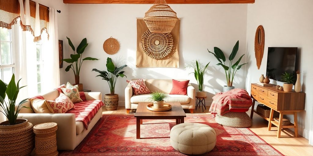 Sala boho chic com tapetes coloridos e decoração natural.