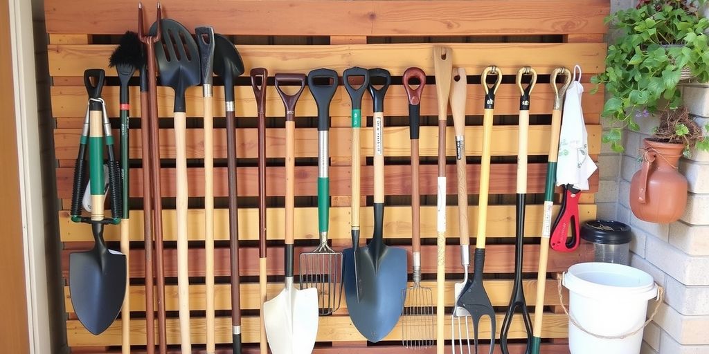 Garden tools organized on repurposed pallets.
