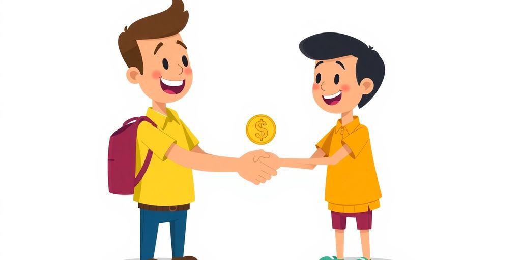 Cartoon hands exchanging money between two people.