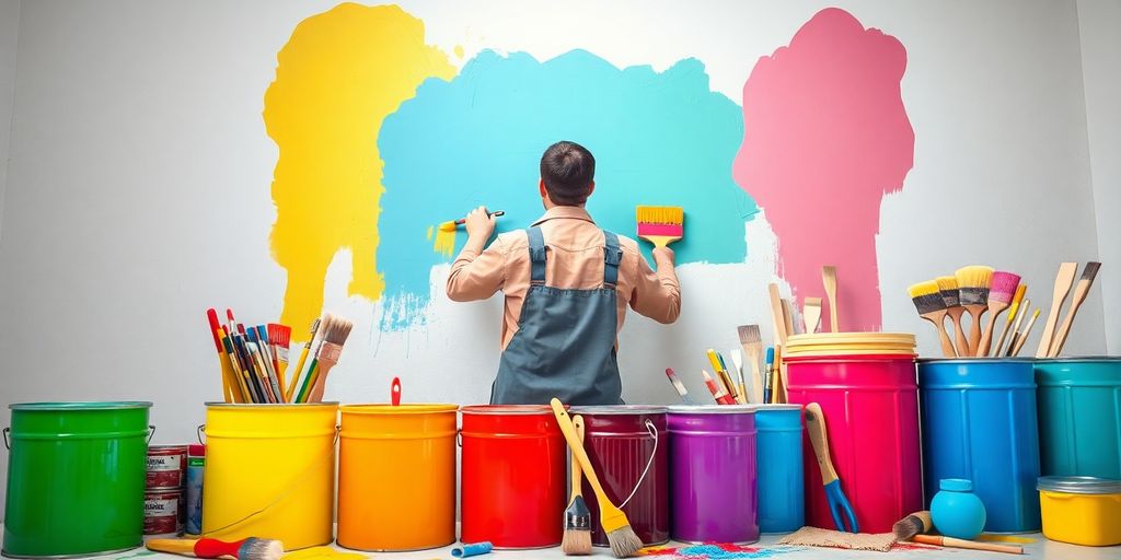 Maler bei der Arbeit mit bunten Farben und Werkzeugen.
