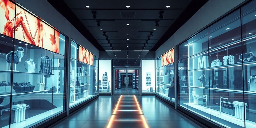 Modern storefront with abstract digital connections.