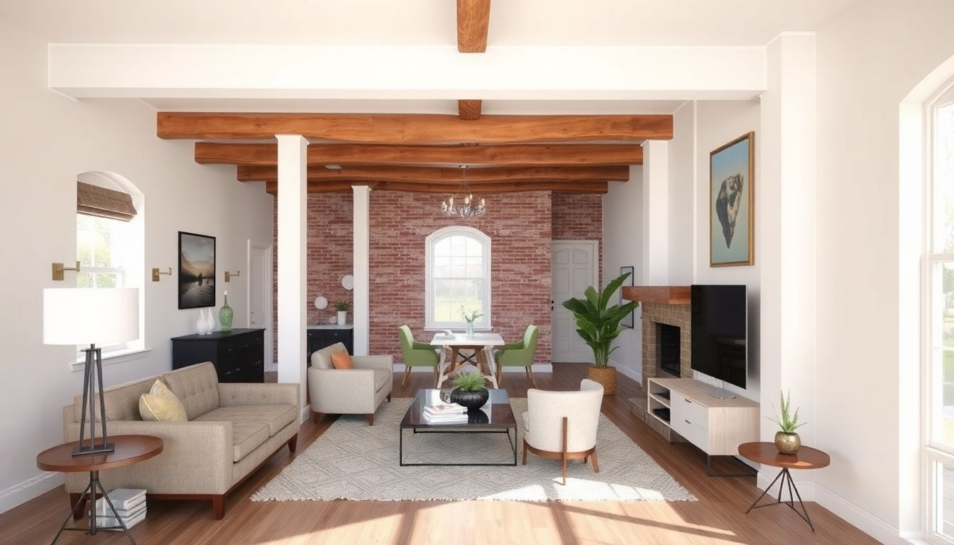 Renovated room with exposed beams and modern furnishings.