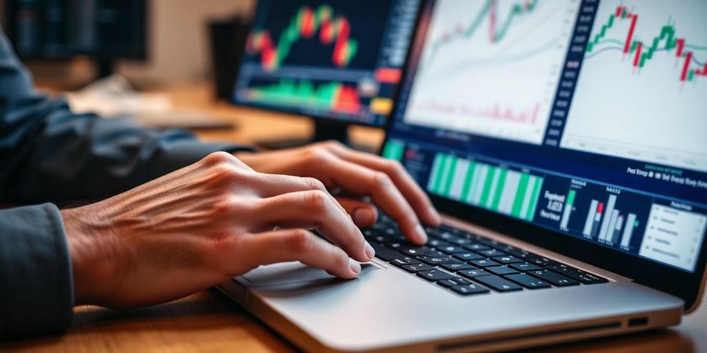 Trader analyzing MT4 spread indicators on a laptop.