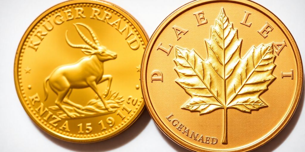 Pièces d'or Krugerrand et Maple Leaf côte à côte.
