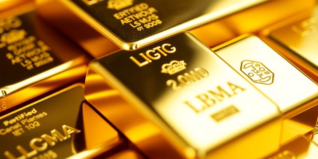 Lingots d'or certifiés LBMA empilés.