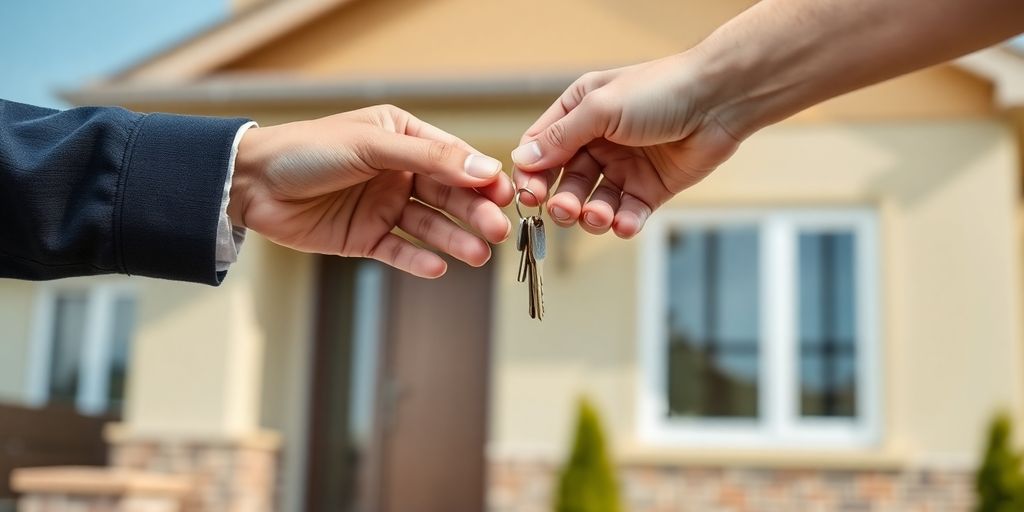 Hands exchanging keys, house in background.