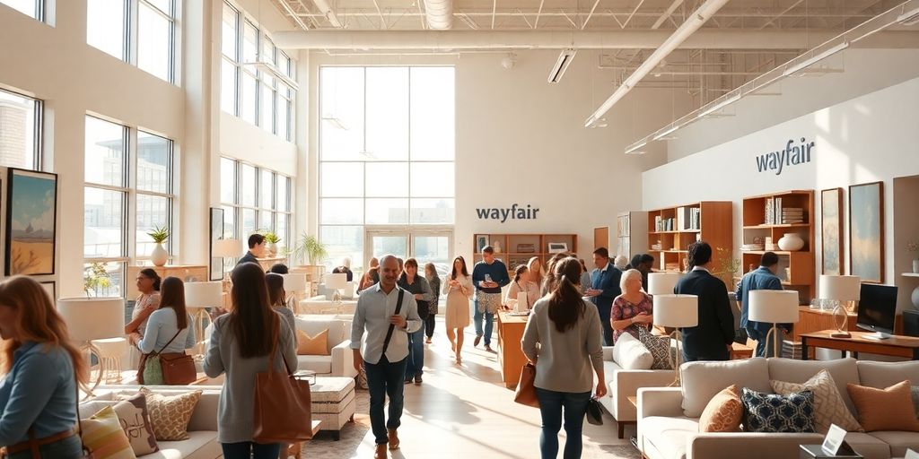 Physical Wayfair store, customers shopping, furniture displays.