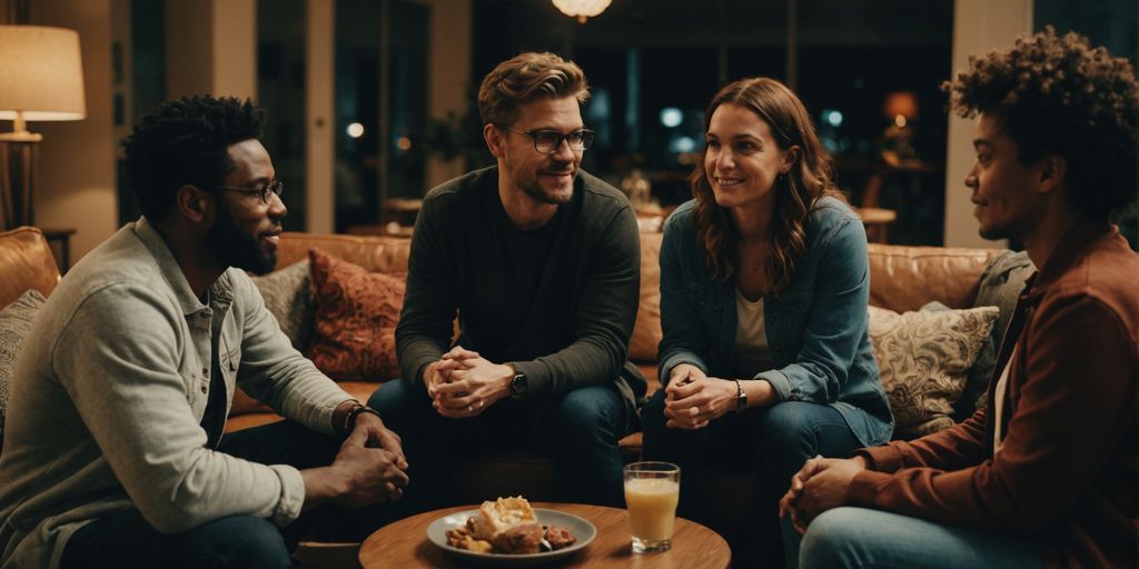Group discussing ethical non-monogamy in a cozy setting.