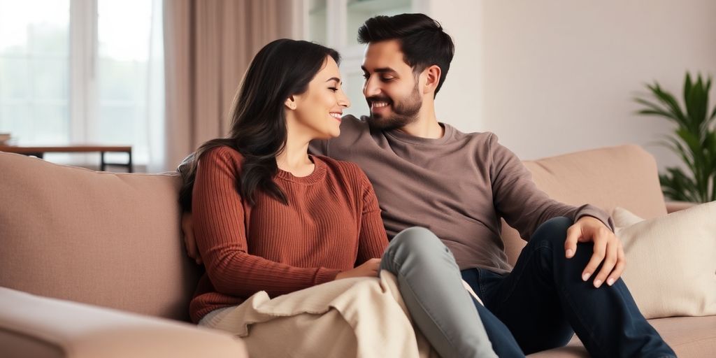 Couple sharing an intimate moment on a cozy couch.