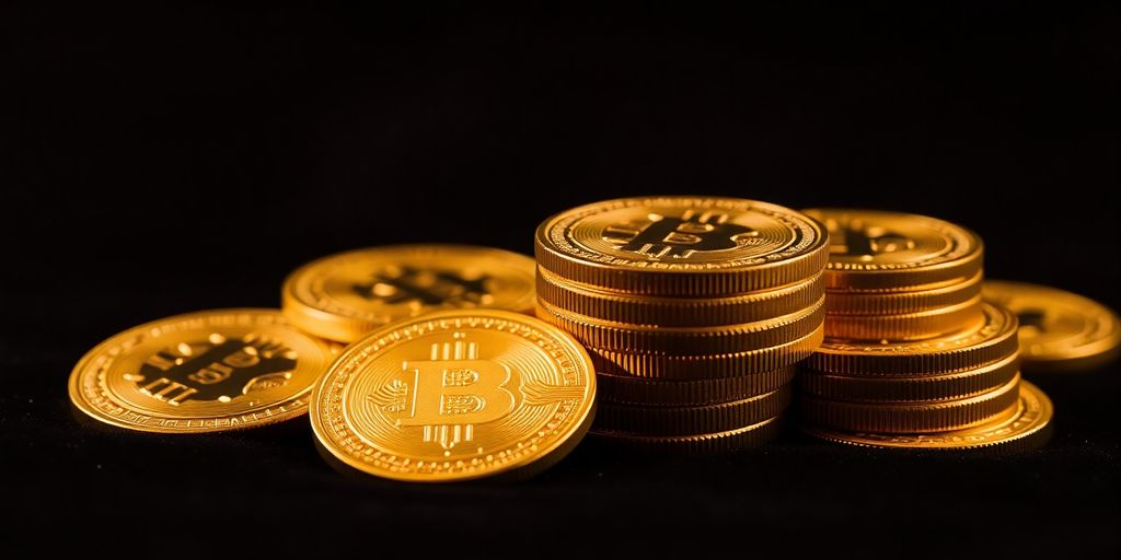 Close-up of gold coins on a dark surface.