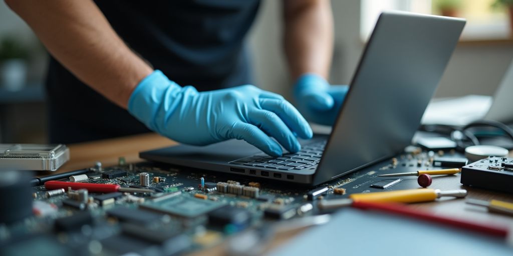Technician repairing a laptop in a bright workspace.
