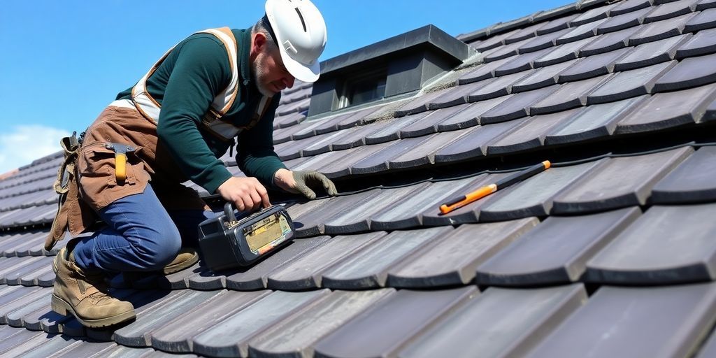 Roofer inspecting a Dublin roof with slate tiles.