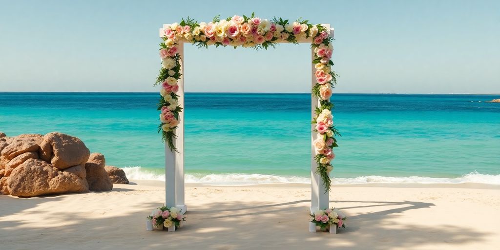 Oceanfront Cabo wedding setup with floral arch and guests.