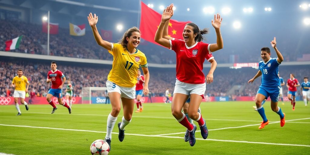 Soccer players celebrating a goal during the Olympics.