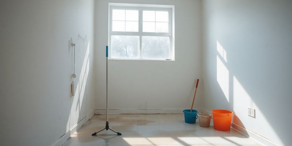 Room with water damage and cleaning supplies visible.