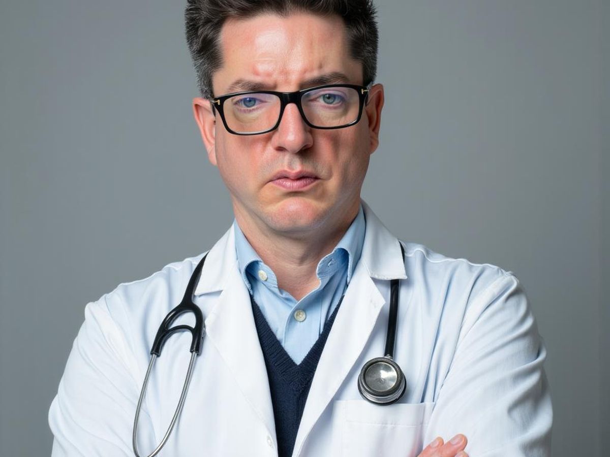 A serious medical professional wearing a lab coat and glasses.