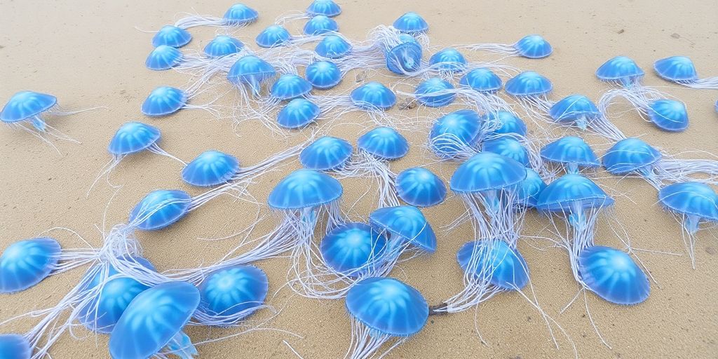 Des méduses aux longs tentacules bleus flottant près du rivage.