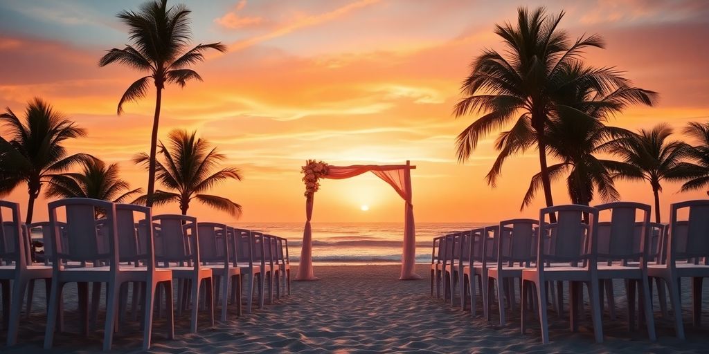 Beach wedding ceremony at sunset