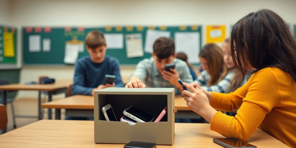 Élèves rangeant leurs téléphones portables dans des casiers.