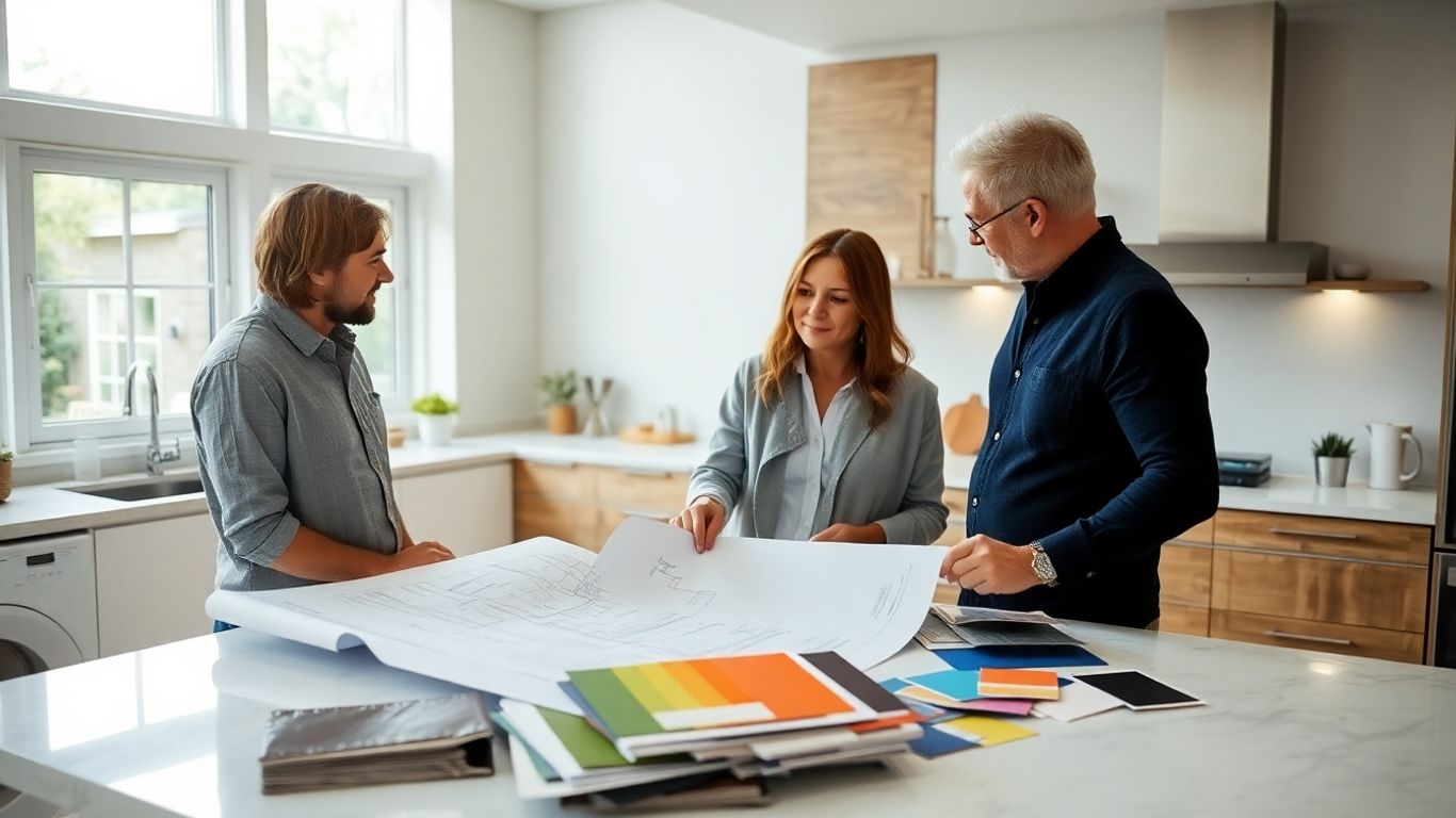Contractor and homeowners reviewing renovation plans in kitchen