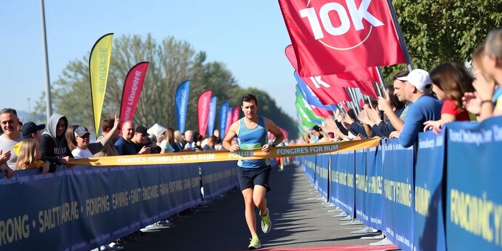 Runner finishing a 10K race with crowd cheering.