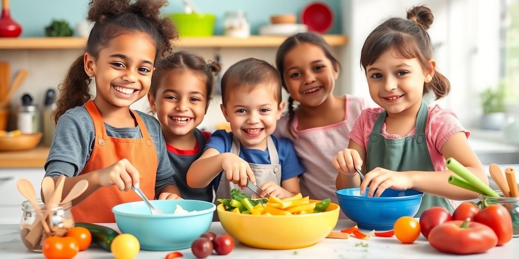 Children happily cooking together in a colorful kitchen.